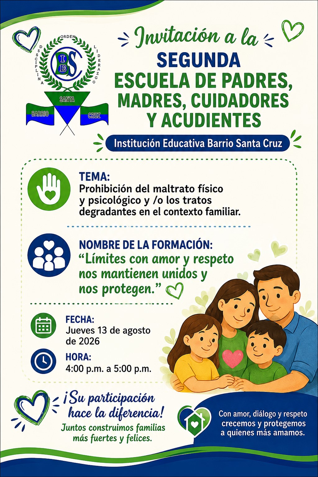 Invitación a la comunidad educativa a participar de la segunda escuela de padres, madres, acudientes y cuidadores, el próximo jueves 13 de agosto de 2026 a las 04:00 p.m. en la institución educativa.